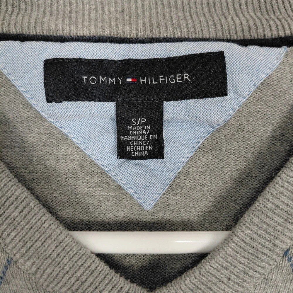 Tommy Hilfiger Size S Argyle V Neck Sweater Men Pullover Gray Blue Cotton Preppy